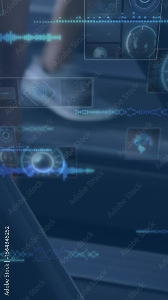 Poster animation of data processing over people on treadmill, exercising in gym