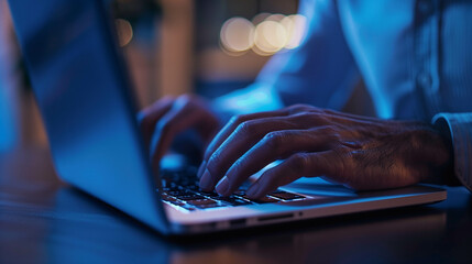 Business person typing on laptop keyboard in evening light with bokeh background