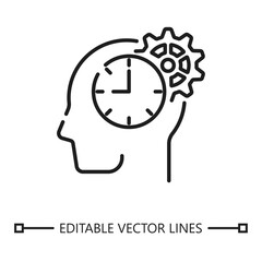 Cognition line icon. Cognition line icon featuring a head with a clock and gear inside, suitable for technology or time management concepts.