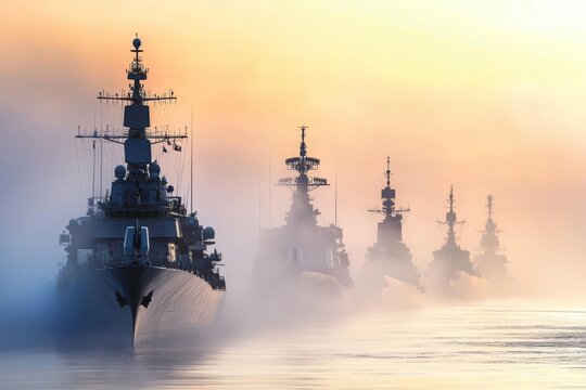 Indian naval ships sail in formation during a ceremonial event at dawn. 