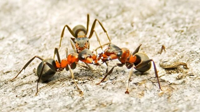 A Macro shot of a Three Red wood ant insect on a pebble ground