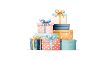 Obraz premium A delightful stack of watercolor gift boxes ready to celebrate any occasion or birthday party presented on a clean white