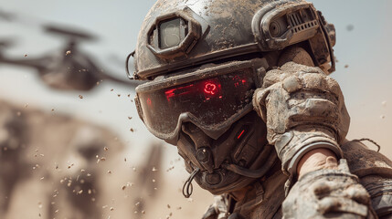 Fototapeta premium Futuristic Armored Soldier with Red Glowing Eyes – Sci-Fi Military Concept