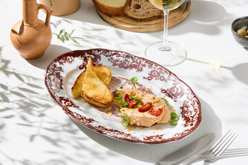 Hummus with tomatoes and toast, bright sunlit, overhead composition on decorative plate