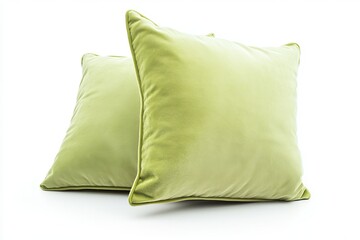 Two lime green velvet pillows on white background