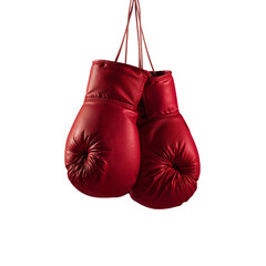 Vivid red boxing gloves hang against a stark black backdrop, evoking strength, competition, and the sweet science of boxing, transparent background