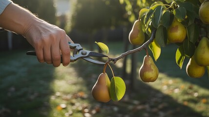 Hand Harvesting Fresh Pears from Tree Branch with Pruning Shears in Orchard