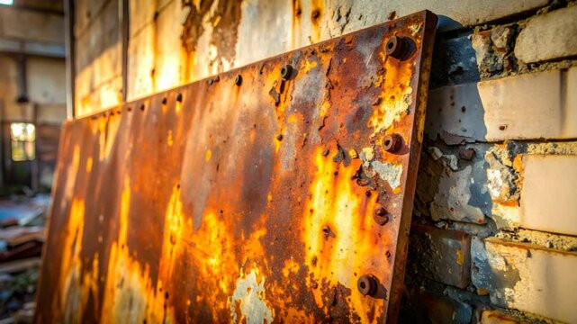 Rusty Metal Plate Against Brick Wall