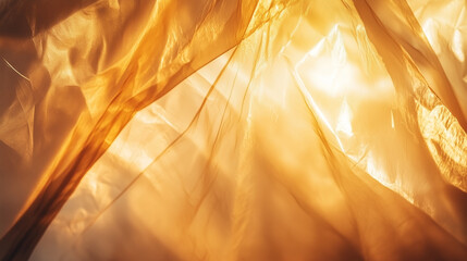 Radiant sunlight beams shining through abstract translucent material with warm glow.