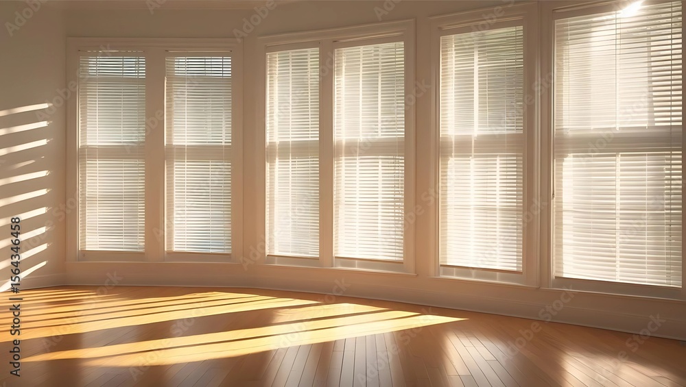 Poster sunlight streams through windows with blinds, casting shadows on the wooden floor in an empty room.