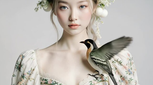 Young woman with floral crown and bird perched on her shoulder