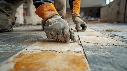 Floor tiling and installation process, worker laying ceramic tiles, tile adhesive application, spacers, construction tools, building interior development, flooring work