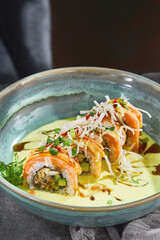 Salmon roll with Japanese omelette and creamy wasabi sauce, bright lighting, angled composition
