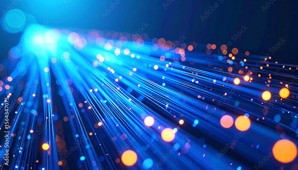 Poster digital stream: abstract representation of a high-speed digital data stream, showcasing vibrant blue