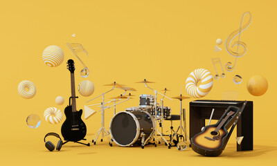 Full band setup with drum set, electric guitar, acoustic guitar, and keyboard floating in vibrant yellow space. 3d rendering.