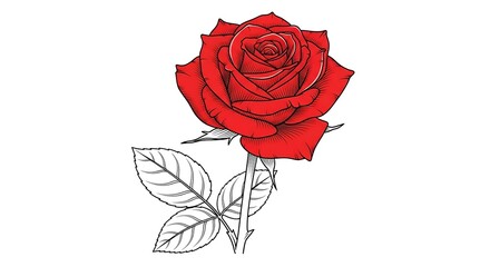 Vibrant red rose with detailed petals and leaves on white background