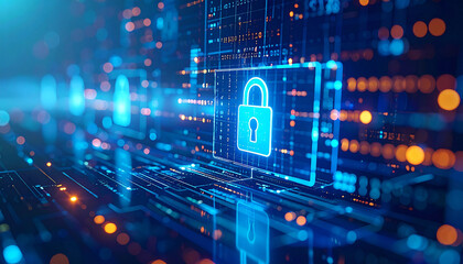 Obraz premium Cybersecurity Shield: A digital fortress protecting sensitive data. A glowing blue padlock icon symbolizes impenetrable security within a futuristic digital landscape.