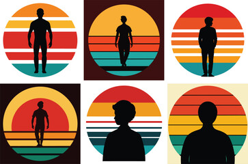 Collection of retro sunset silhouettes featuring diverse people