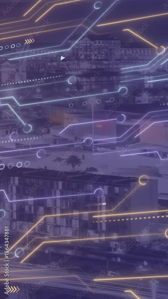 Poster animation of data processing, cityscape and connections