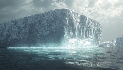 Glacial iceberg in ocean, dramatic sky, melting ice, environmental issue