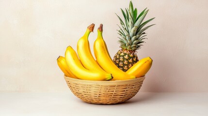 Fresh Bananas and Pineapple in a Woven Basket Against a Soft Beige Background