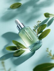 Refreshing cosmetic serum bottle with white matte dropper, light green liquid, tea tree leaves, and rosemary on a pastel green background with natural sunlight.