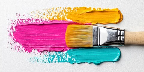 Vibrant Paint Strokes with Brush on White Canvas in Bright Colors for Artistic Expression and Creativity