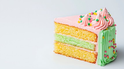 Colorful Layered Cake with Pink Frosting and Sprinkles on a White Background for Celebration or Dessert Themes