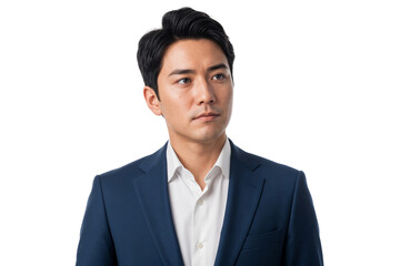 Businessman in a navy blue suit looking away thoughtfully, isolated on transparent background