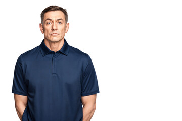 Serious mature man in a navy polo shirt standing with arms behind his back. Stern facial expression, isolated on transparent background