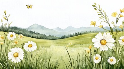 Serene Landscape with Wildflowers and Butterflies in a Tranquil Natural Setting