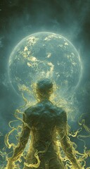 Mystical Human Figure with Glowing Vines Facing Bright Moon in Night Sky