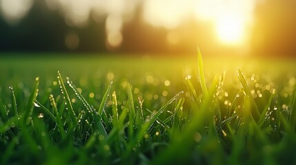Close-Up View of Fresh Green Grass with Morning Dew and Soft Sunrise Background Illuminating Nature