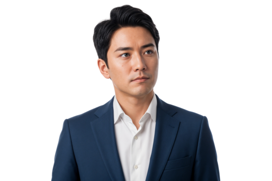 Businessman in a navy blue suit looking away thoughtfully, isolated on transparent background