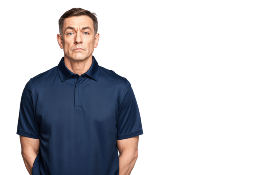 Serious mature man in a navy polo shirt standing with arms behind his back. Stern facial expression, isolated on transparent background