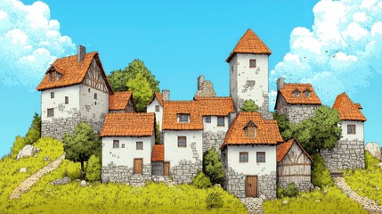 Charming Illustrative Village with Stone Houses and Orange Roofs Under a Bright Blue Sky with Fluffy Clouds