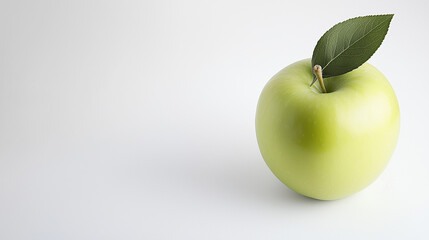 Fresh green apple with a leaf, captured from an overhead angle on a white surface, highlighting natural beauty.