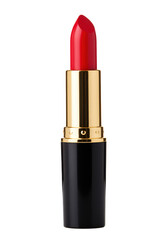 Obraz premium Elegant red lipstick in a black and gold tube presents a classic and luxurious cosmetic product on a sleek black background.