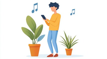 Young man listening to music on smartphone surrounded by indoor plants and musical notes in a bright room