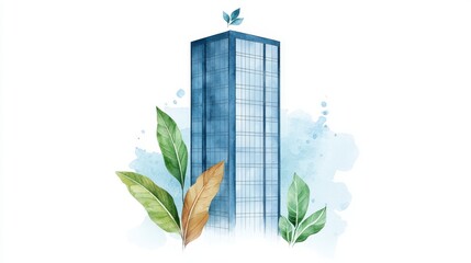 Modern skyscraper illustration with green leaves and soft watercolor background for eco-friendly themes