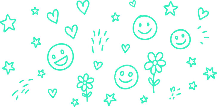 Turquoise outline drawing shows smiley faces, hearts, stars and flowers scattered on a white background, creating a playful and lighthearted pattern ideal for invitations or children's designs.