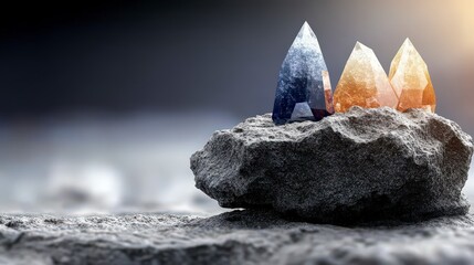 Colorful Crystals on a Textured Rock Surface in Soft Focus with Natural Lighting and a Blurred Background