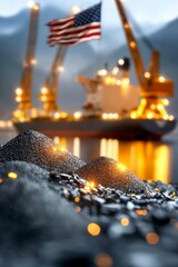 Black metallic grains with blurred ship and American flag in background, industrial scene with bokeh lights