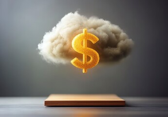 Golden Dollar Sign Floating in Cloud Above Wooden Surface Representing Wealth and Financial Concepts