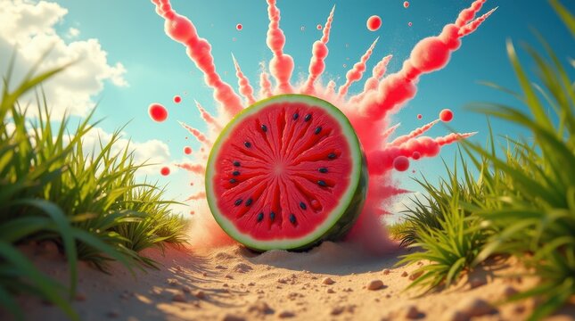 Explosive watermelon burst beachside creative photography vibrant colorful environment dynamic perspective - Powered by Adobe