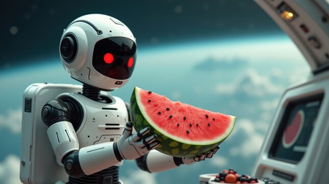 Robot exploring space with watermelon outer space sci-fi art cosmic environment futuristic perspective