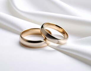 Two elegant gold wedding rings resting on luxurious white silk fabric with soft lighting and romantic atmosphere.
