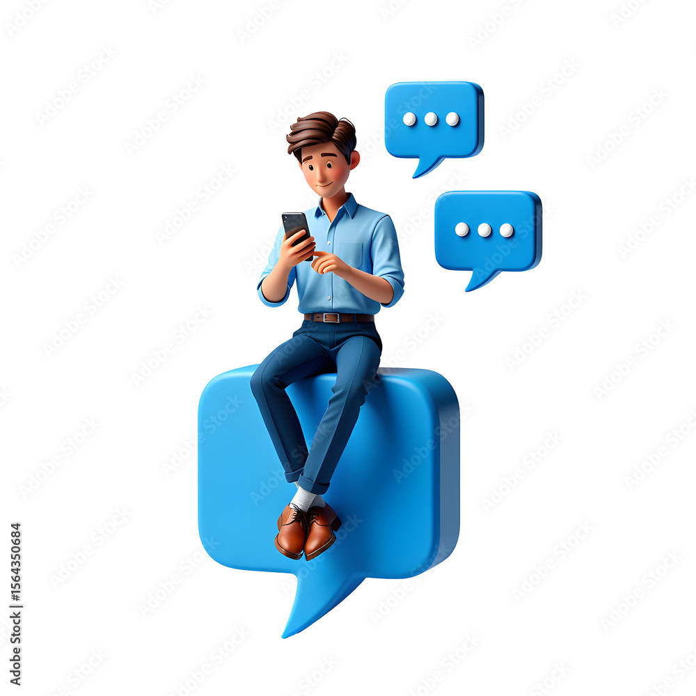 Poster 3 d man sitting on blue speech bubble using smartphone with message icons isolated on a transparent 
