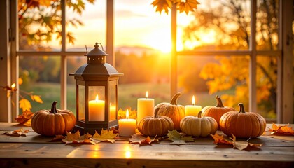 Autumn ambiance with pumpkins, candles, and a lantern against a warm sunset view