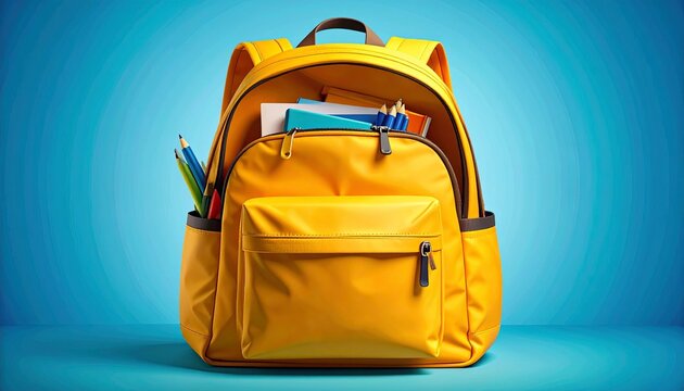 Bright yellow backpack with school supplies ready for back to school season displayed on blue background
